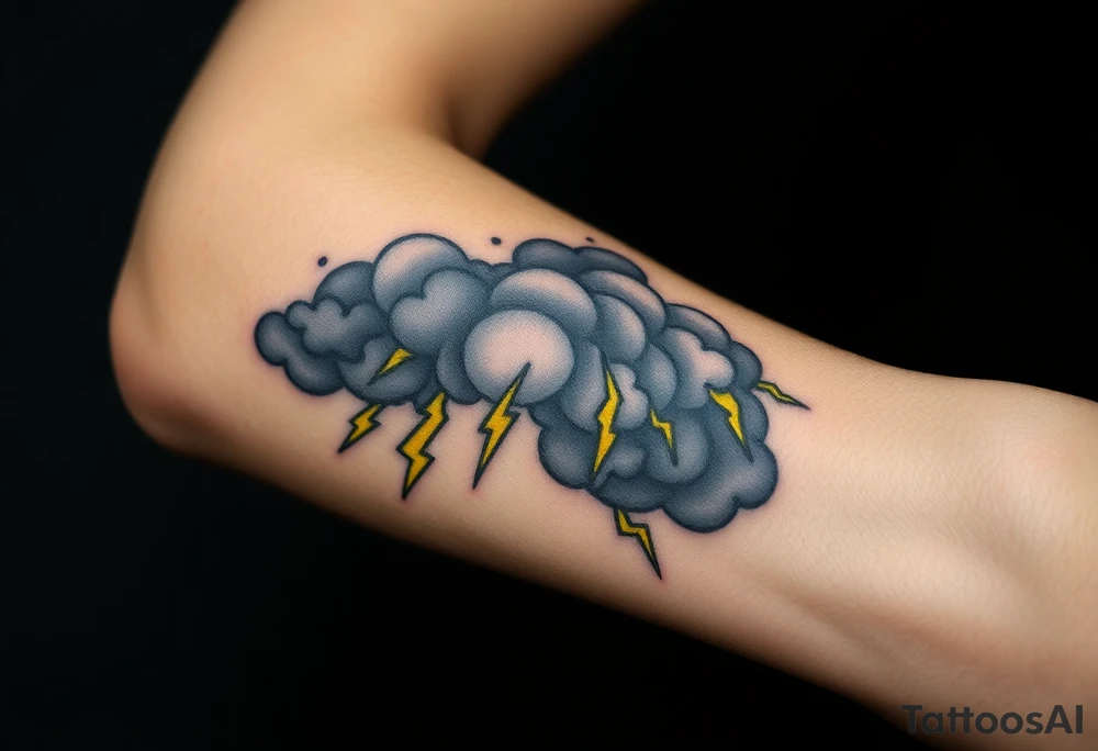 Black dark menacing storm clouds with eerie yellow lightning bolts tattoo idea
