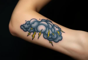 Black dark menacing storm clouds with eerie yellow lightning bolts tattoo idea