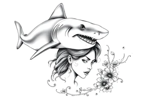 angry shark swimming over a depressed girls head, under water, divers summing around the girls head minding their business. tattoo idea