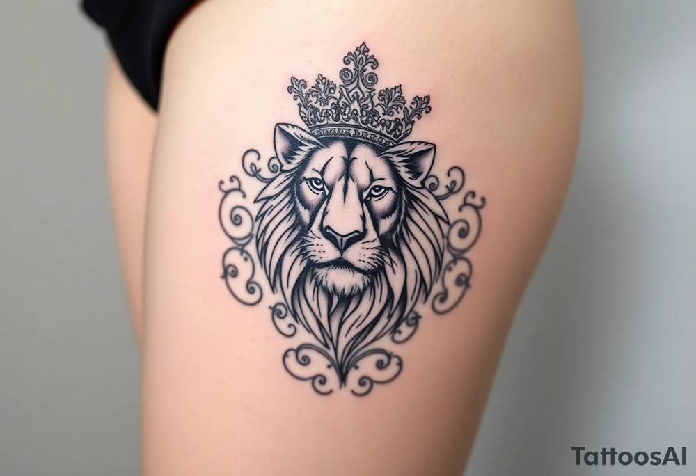 majestic lion wearing ornate crown, surrounded by baroque flourishes tattoo idea