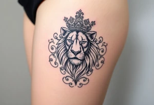 majestic lion wearing ornate crown, surrounded by baroque flourishes tattoo idea