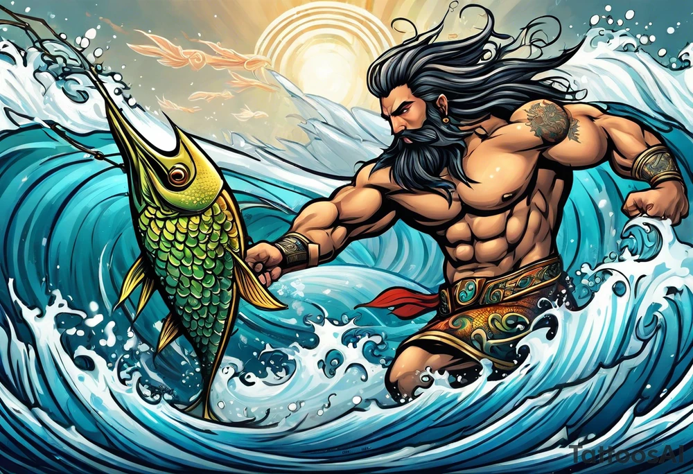 muscular
god 
posideon fighting a sport fish with a trident tattoo idea