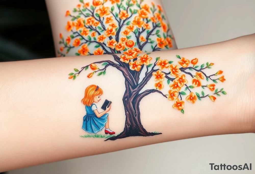An orange tree full of flowers. Under the tree, a little blond girl wearing a blue dress sitting while reading. 


. tattoo idea