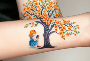 An orange tree full of flowers. Under the tree, a little blond girl wearing a blue dress sitting while reading. 


. tattoo idea