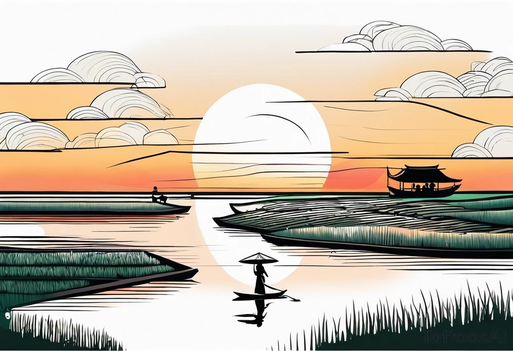vietnamese lady on boat rice fields water sunset home clouds tattoo idea
