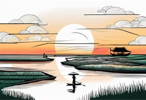 vietnamese lady on boat rice fields water sunset home clouds tattoo idea