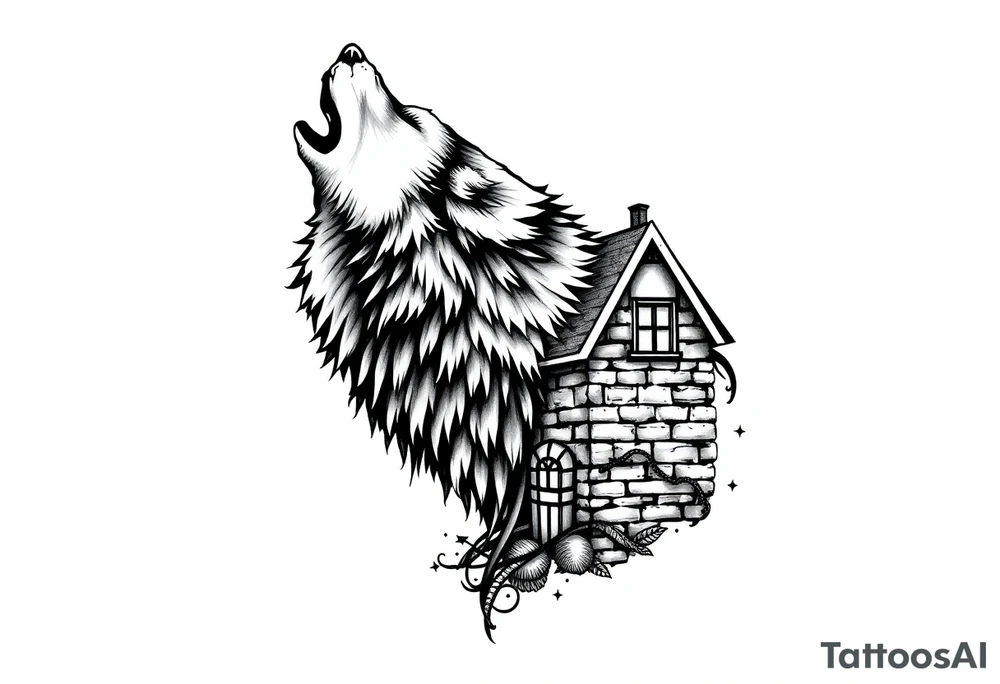 Big  wolf  blowing down   a brick house tattoo idea
