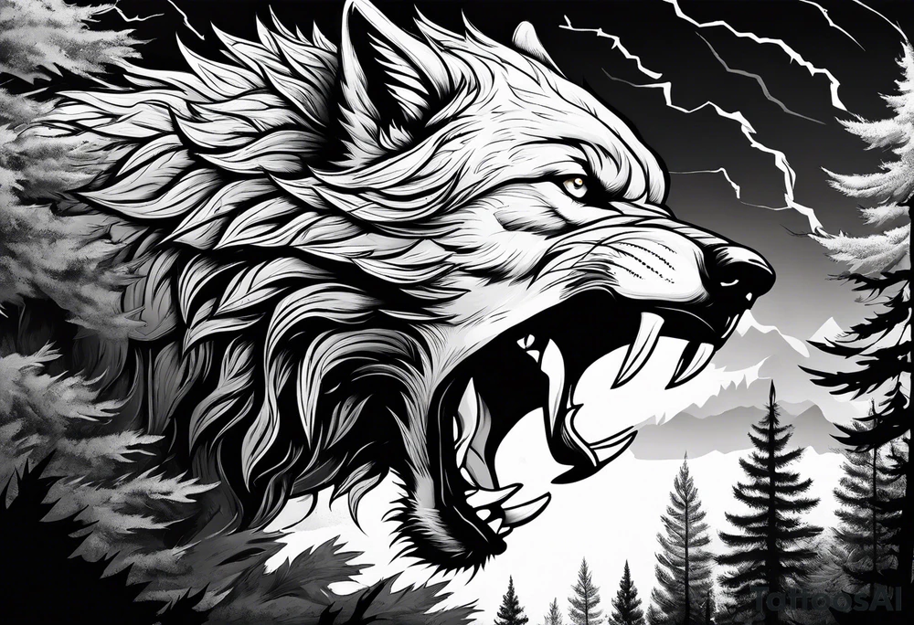 Powerful storm raging through forest with an alpha wolf snarling tattoo idea