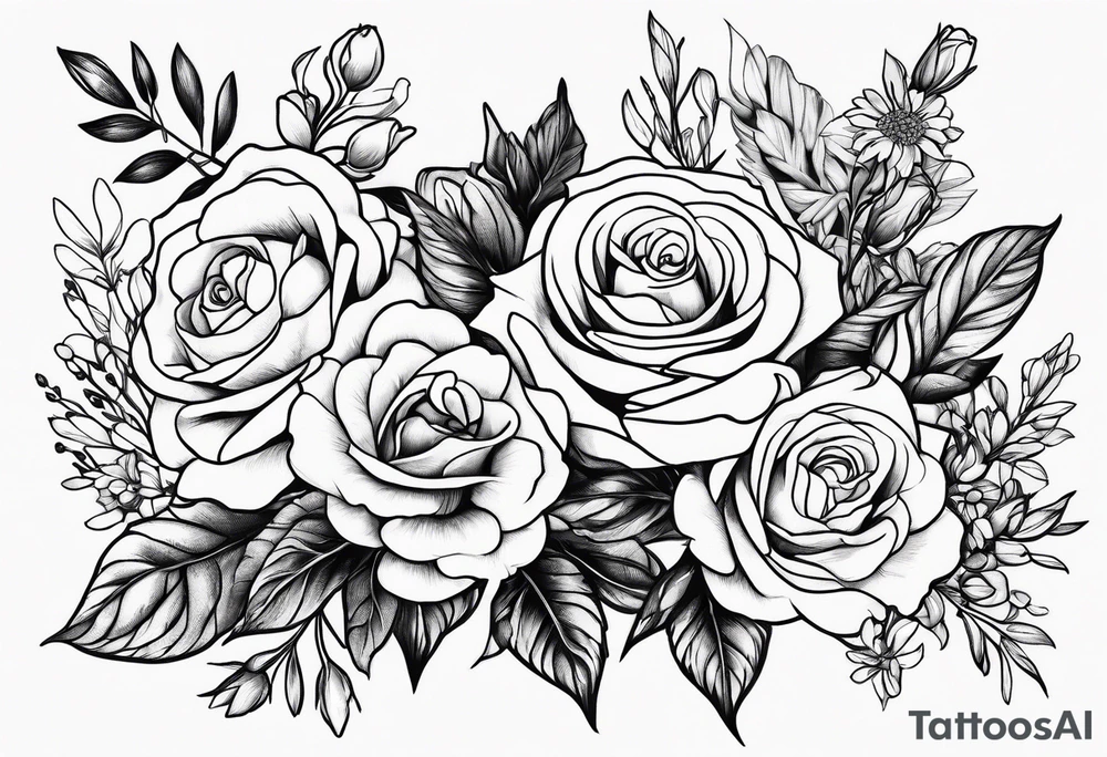 line drawing of rose, violet, larkspur and aster bouquet tattoo idea
