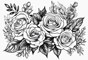 line drawing of rose, violet, larkspur and aster bouquet tattoo idea