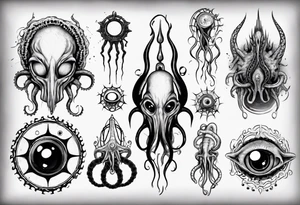 lovecraft theme with tentacle+++ and eyes for forearms tattoo idea