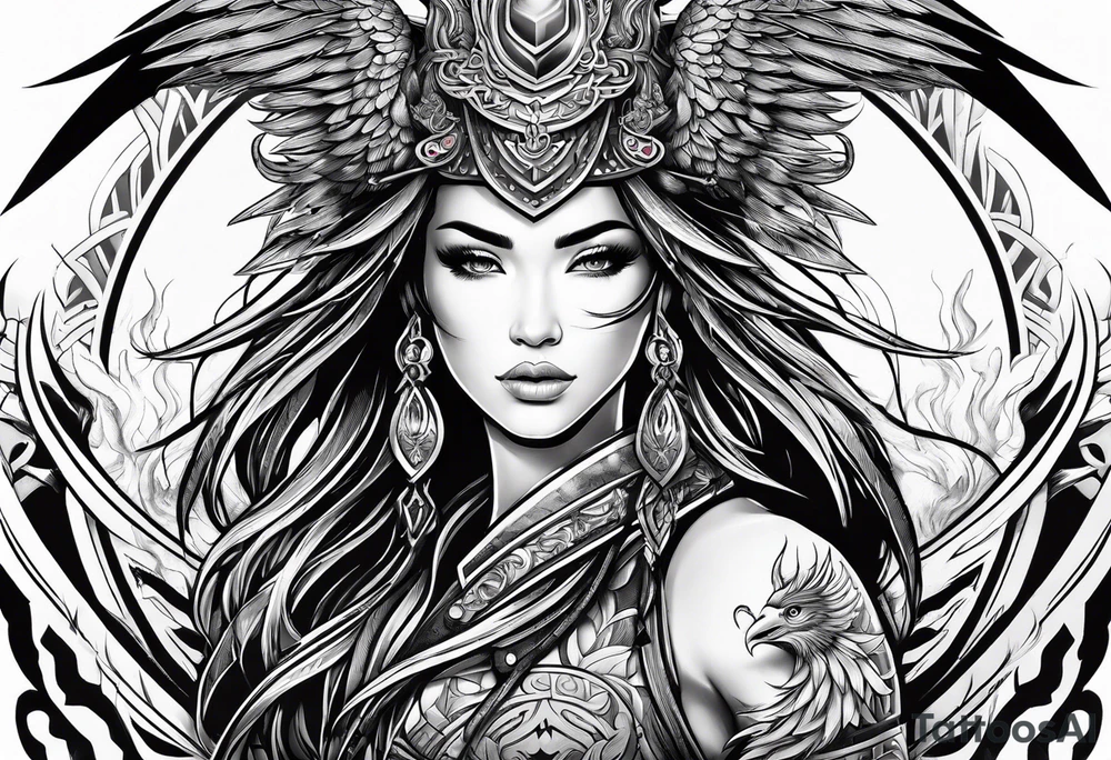 female warrior with phoenix and weapons tattoo idea
