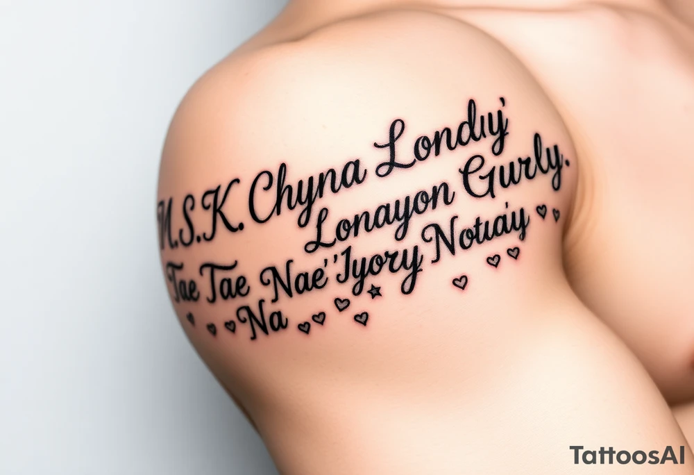 Cursive words that say, 

M.S.K

Chyna

Londyn

Gurly 

Tae tae 

Na’Jorya 

Na’taya
 surrounded by little hearts & stars tattoo idea