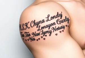 Cursive words that say, 

M.S.K

Chyna

Londyn

Gurly 

Tae tae 

Na’Jorya 

Na’taya
 surrounded by little hearts & stars tattoo idea