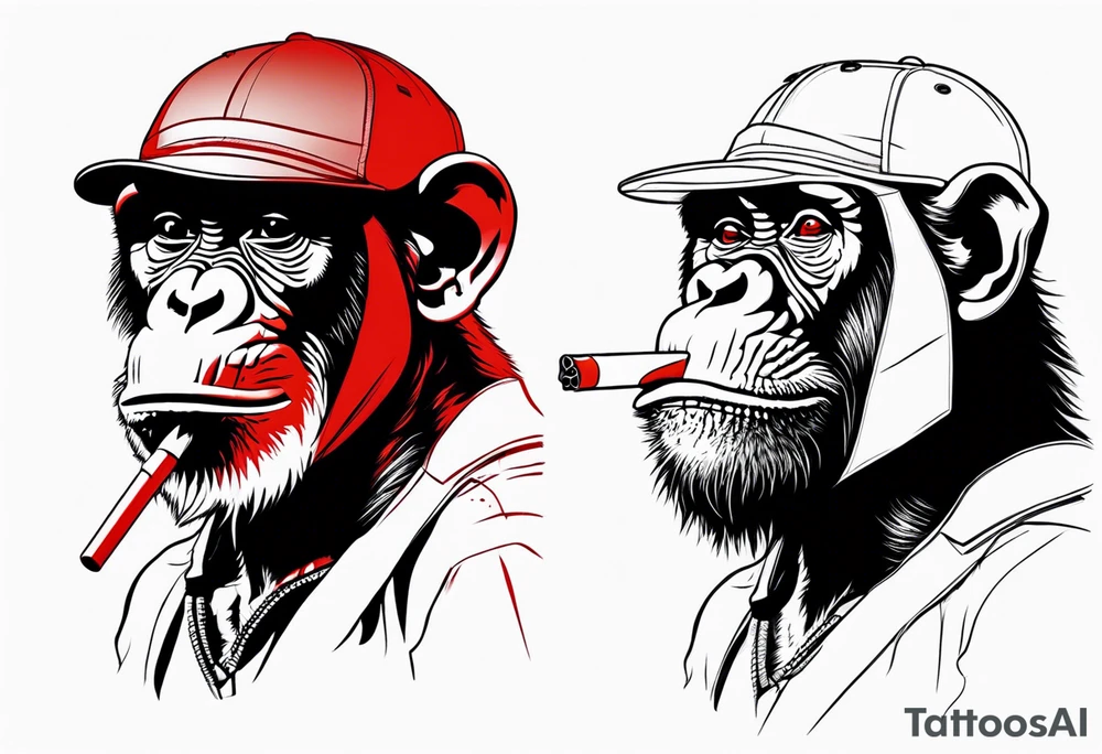 Chimpanzee smoking a cigarette, full body, red hues tattoo idea