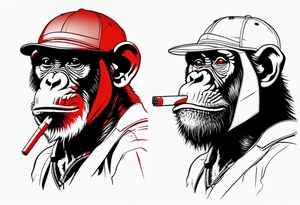 Chimpanzee smoking a cigarette, full body, red hues tattoo idea