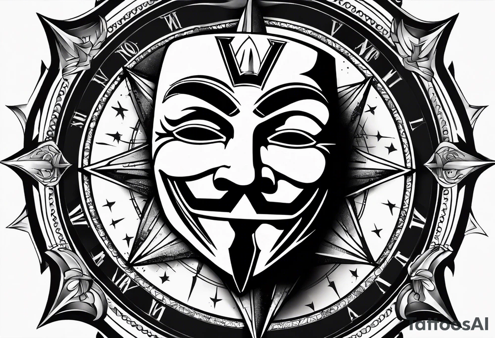 Centered v for vendetta, mask only. No hat. Vintage compass surround. tattoo idea Centered v for vendetta, mask only. No hat. Vintage compass surround. tattoo idea