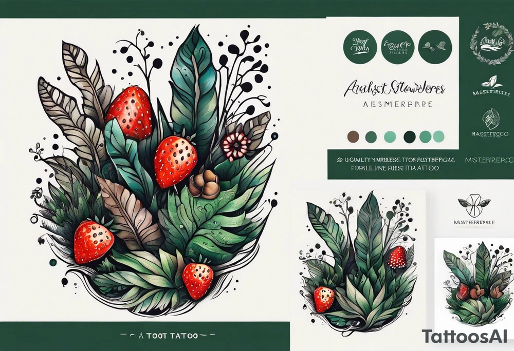 forest floor inspired tattoo, which includes grass, curly ferns and dead leaves as the bulk of the tattoo. details to include: three  tiny strawberries, couple of very small mushrooms, a tiny bumblebee flying nearby tattoo idea