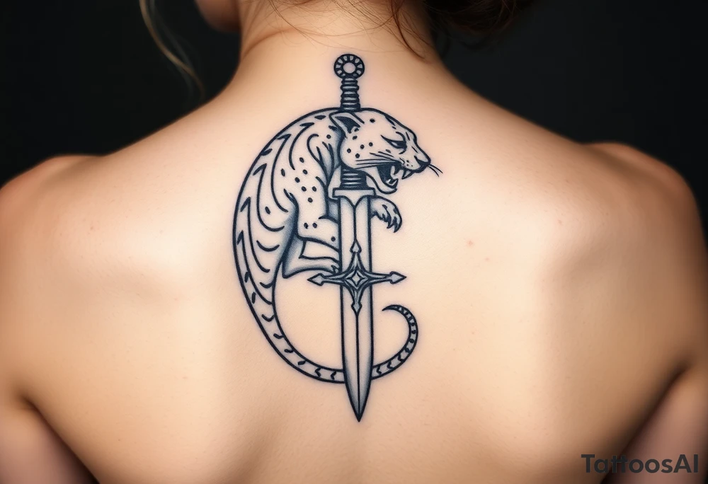 mystical panther coiled around an ancient dagger with jeweled hilt tattoo idea