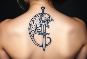 mystical panther coiled around an ancient dagger with jeweled hilt tattoo idea