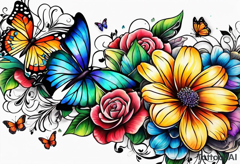 Arm sleeve with cross outlined by rainbow flowers and butterflies tattoo idea