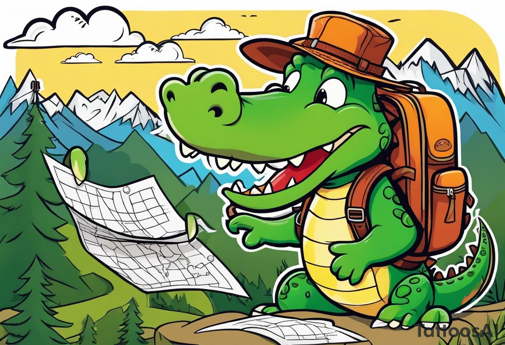 Cartoon alligator with a map and backpack lost in the mountains tattoo idea