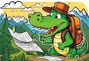 Cartoon alligator with a map and backpack lost in the mountains tattoo idea
