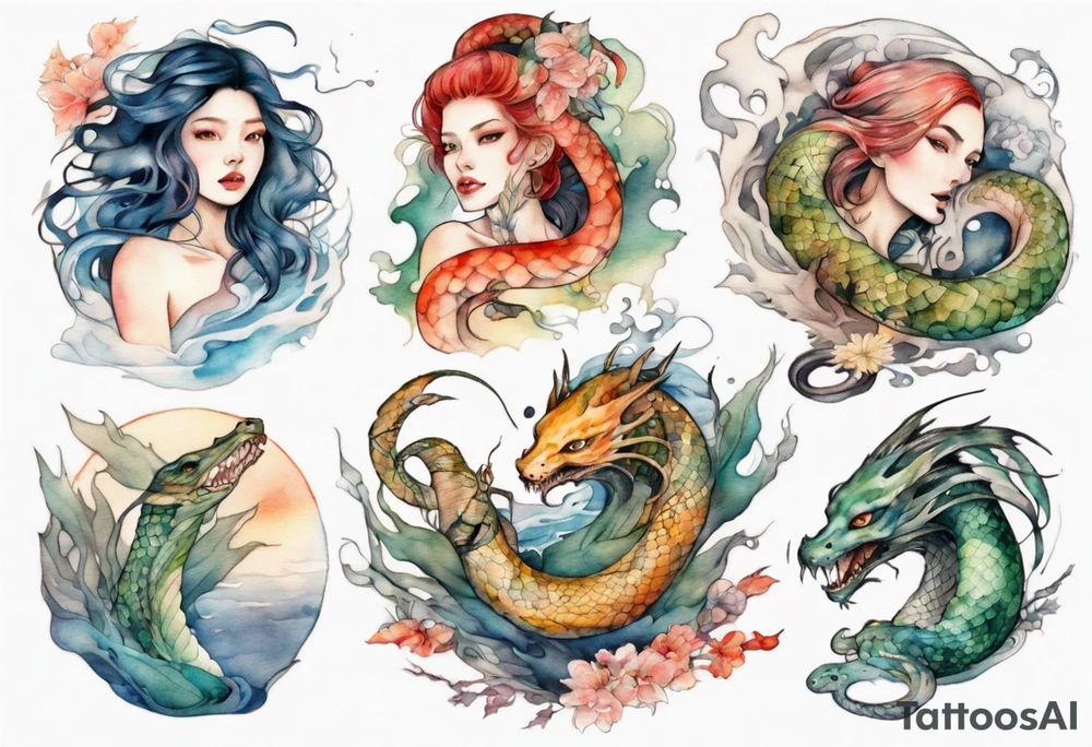 a beautiful woman seas serpent hybrid tattoo idea