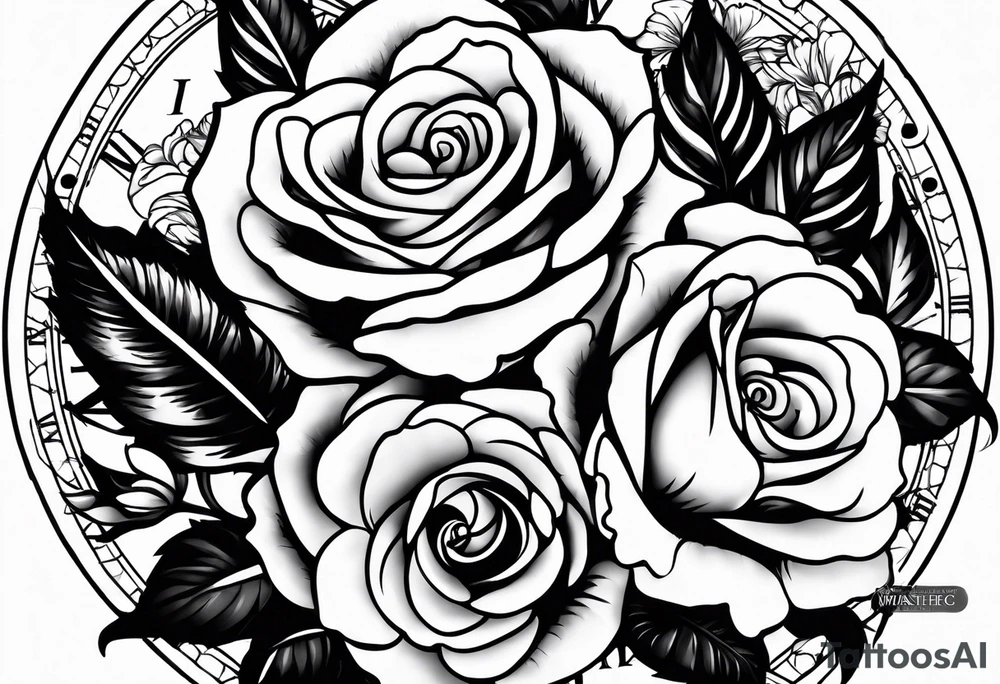 Rose birds clock tattoo idea