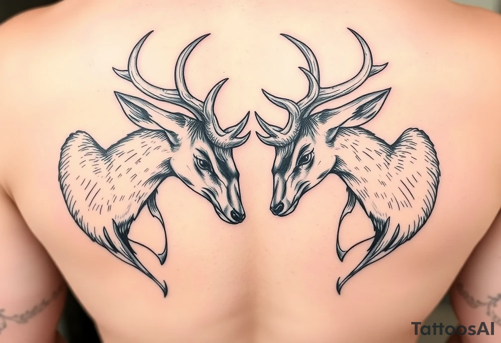 Full body Two deer with their heads down hitting horns to show dominance. tattoo idea