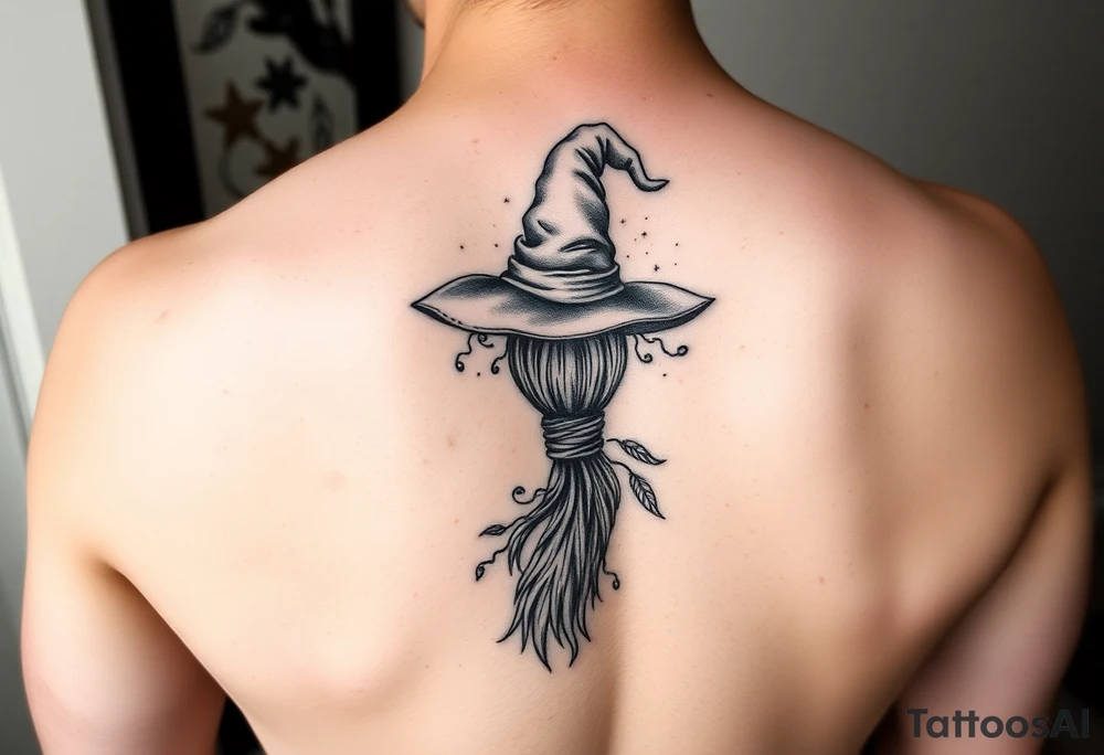 Which is broom with a witches hat with vines and feathers 
Smaller broom with hat placed on top or in the middle
Feminine and on a leg or calf tattoo idea