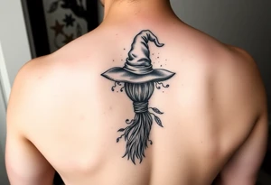 Which is broom with a witches hat with vines and feathers 
Smaller broom with hat placed on top or in the middle
Feminine and on a leg or calf tattoo idea