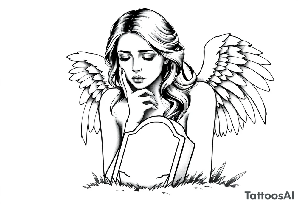 Beautiful woman angel crying over a tombstone tattoo idea