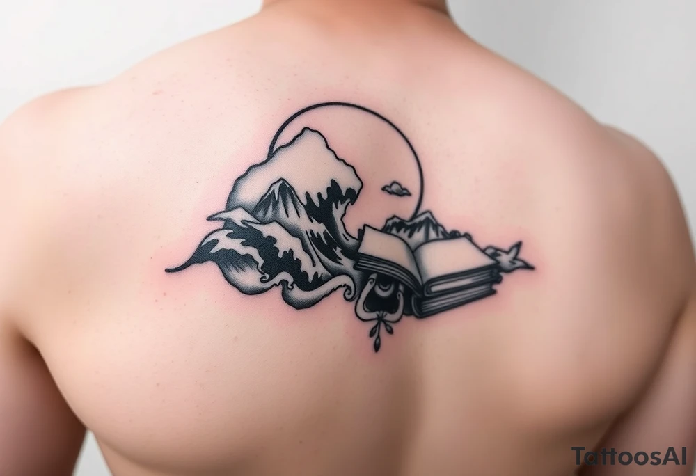 A black and white tattoo that will go on side of the wrist. This is for someone who loves ocean, travel and books. Give this on side of the arm tattoo idea