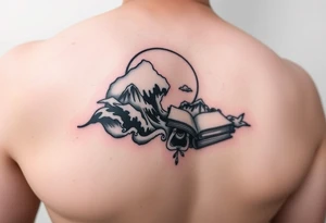 A black and white tattoo that will go on side of the wrist. This is for someone who loves ocean, travel and books. Give this on side of the arm tattoo idea