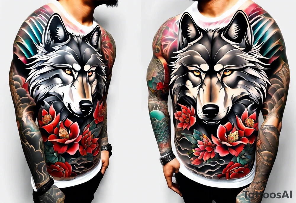 Wolf with samurai armor full sleeve tattoo idea