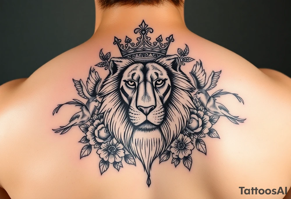powerful majestic lion with a crown, surrounded by floral ornaments and birds tattoo idea