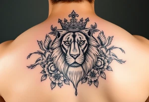 powerful majestic lion with a crown, surrounded by floral ornaments and birds tattoo idea