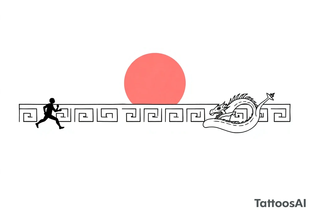 "Ultra-thin horizontal black line tattoo design (ratio 20:1), 1px precise line art. Greek meander pattern with integrated minimalist symbols:  
- ◍ Red sun (3mm, 4 sharp rays)  
- ▷◁ Running person (angular, 3 lines)  
- △◯△ Alien (geometric, 2mm height)  
- ⋎⋏ Dragon (zigzag, 4 spikes)  

Критические требования:  
1. All symbols MUST connect to the main meander line — no floating elements.  
2. ONLY black lines and red sun (no other colors).  
3. NO shading, NO background, NO realism — pure vector-style art.  
4. Seamless loop for 360° forearm wrap (left and right edges MUST match).  

Style: Ancient Greek pottery meets cyber-minimalism, perfect for laser-cut stencil." tattoo idea