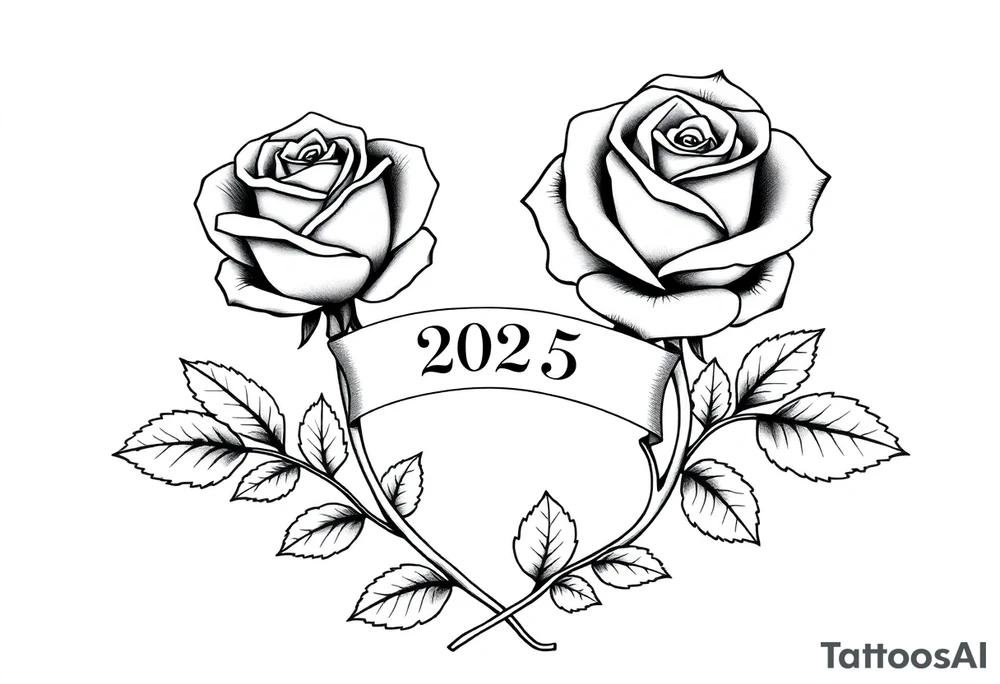 two beautiful large rose buds, one larger than the other, with many leaves next to the rose buds, with one sitting higher than the other. Include a banner connecting the two roses with the year "2025" on it.   Use dark outlines with little shading. The two stems should be short, not long, and connect and join into one stem, whimsically curved or twisted - not straight down. tattoo idea