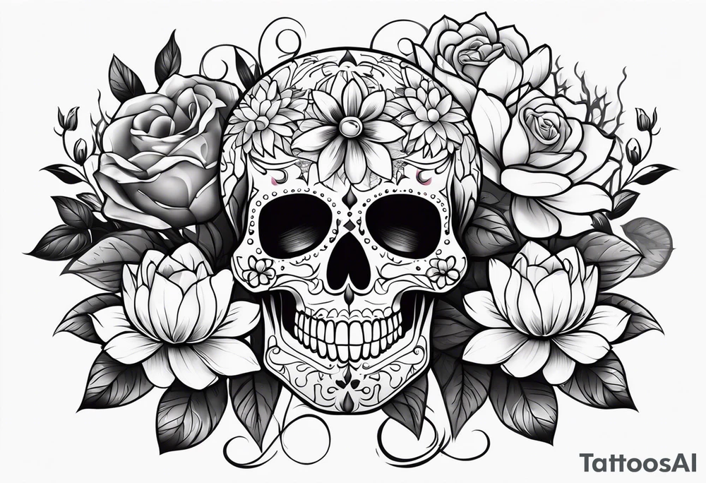 Sugar skull with roses daisies and water lilies for half sleeve down arm tattoo idea