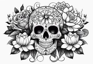 Sugar skull with roses daisies and water lilies for half sleeve down arm tattoo idea