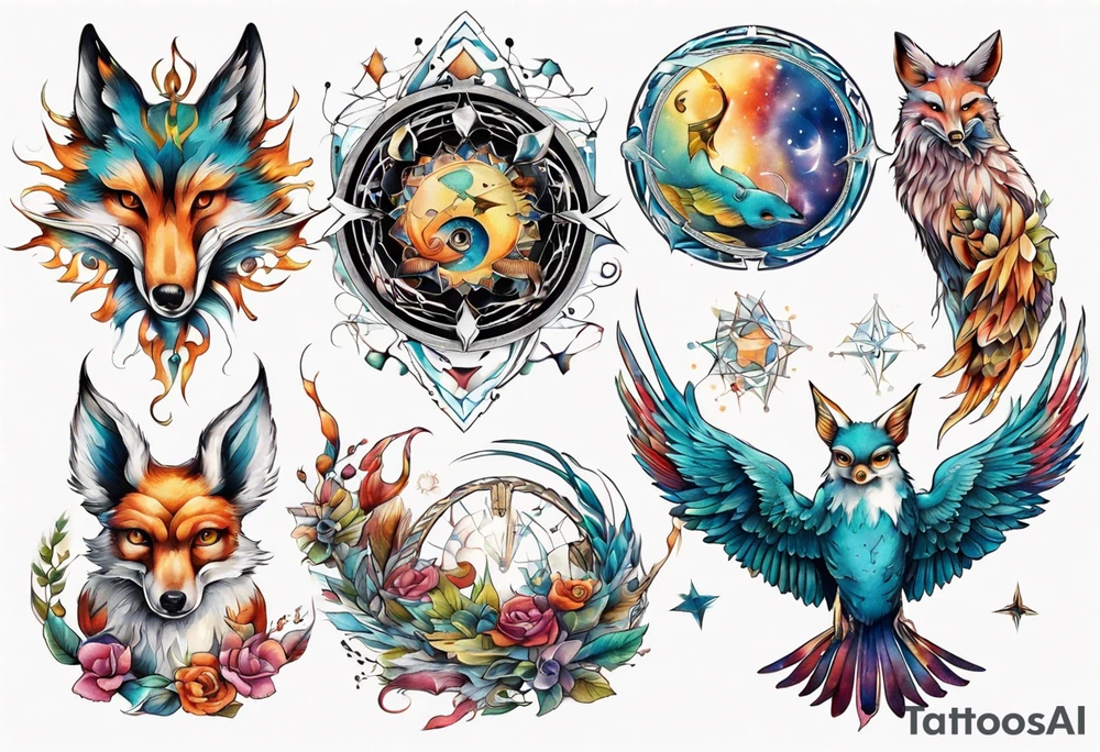 fisch, fuchs und eule , symetrie universum, bunt tattoo idea