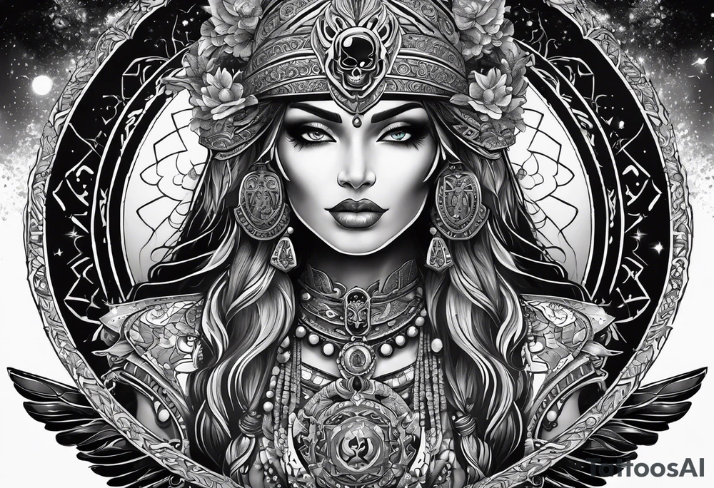 black kali, goddess pirate, alien, pachamama, valkrye, warrior, skull, lotus azul, wing, eagle, zenza resonance, stars, 5D tattoo idea