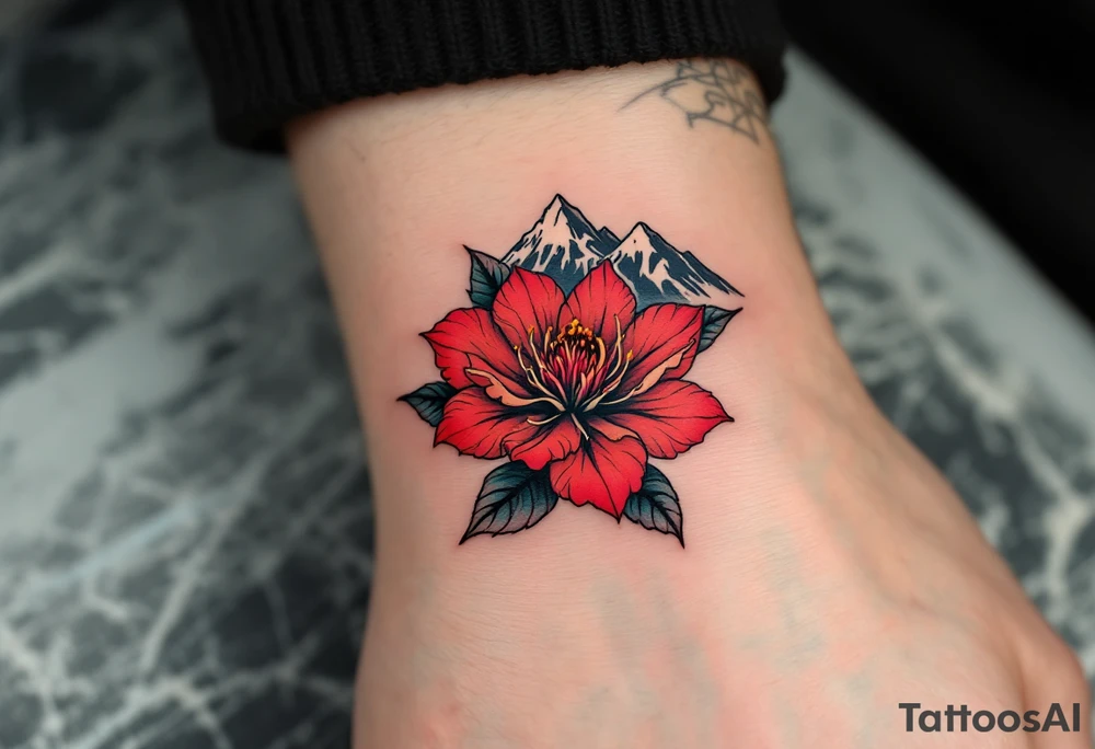 vertical wrist size red  and black rhododendron trippy with Himalayas behind tattoo idea