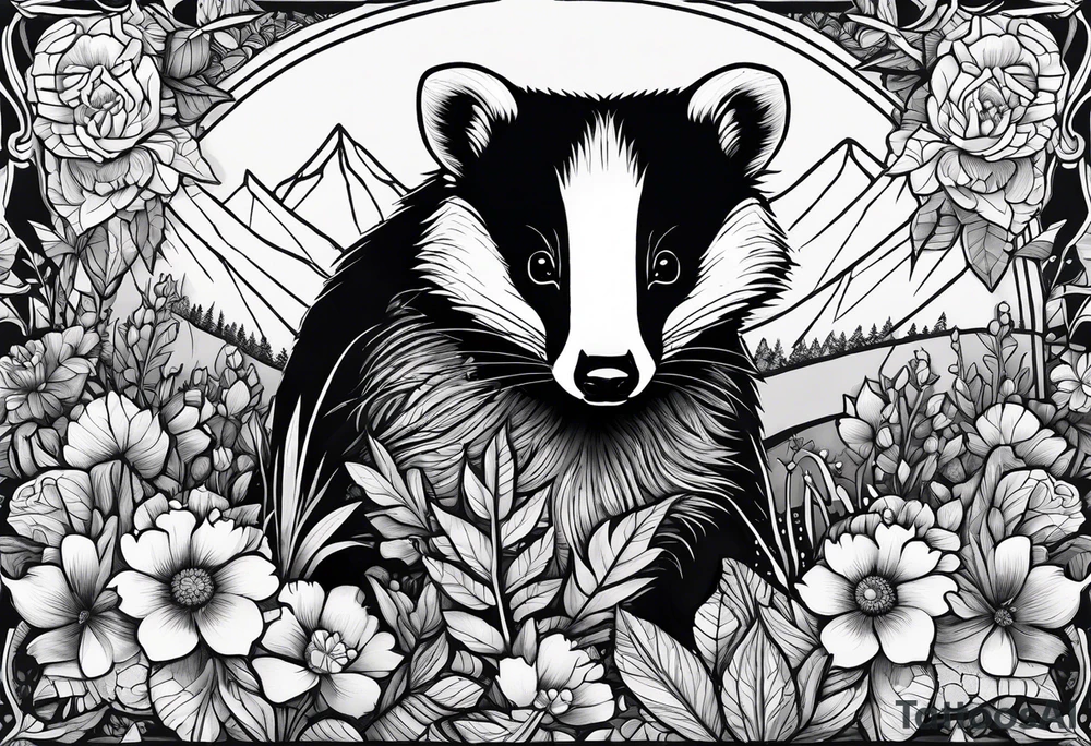 A badger with a cub in a field of flowers, including an open fireplace and a cannabis leaf realistic in center and getting more trippy and black towards the edges tattoo idea