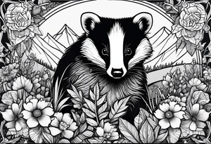 A badger with a cub in a field of flowers, including an open fireplace and a cannabis leaf realistic in center and getting more trippy and black towards the edges tattoo idea