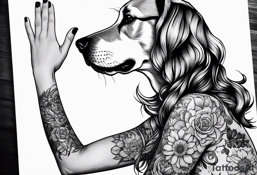 female dog reaching for hand of woman facing backwords tattoo idea