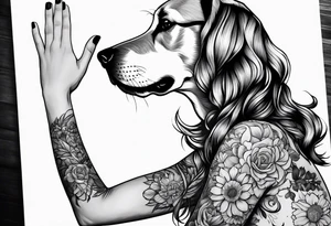 female dog reaching for hand of woman facing backwords tattoo idea