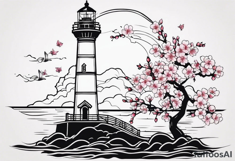 cherry blossom with lighthouse tattoo idea